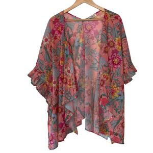 Umgee Floral Kimono Women Boho Ruffle Sleeve Excellent Open Front Pink 1XL